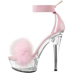 💋RESERVED: MissHeel LACE UP CLEAR PLATFORM HEELS FLUFFY STILETTO SANDALS!!!